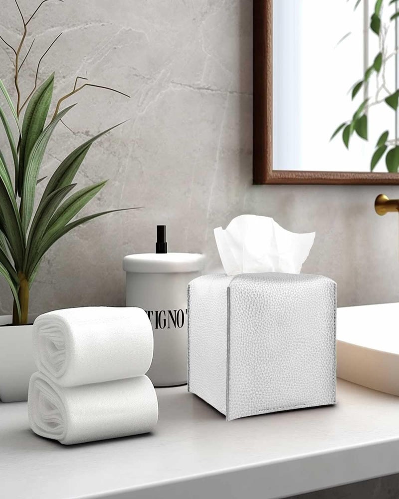 JESMINI Silver Tissue Box Cover Leather – Square Tissue Box Holder with Bottom Belt by , Modern PU Leather Cube Tissue Holder for Bathroom Vanity Countertop/Night Stands/Office - Image 5
